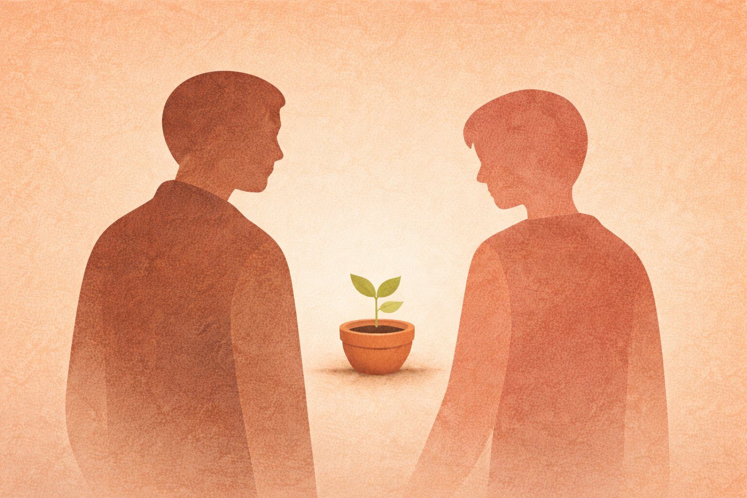 Warm editorial illustration of two silhouetted figures, one turned back toward the other in acknowledgment, with a small plant growing between them — representing reconciliation with the past while moving forward
