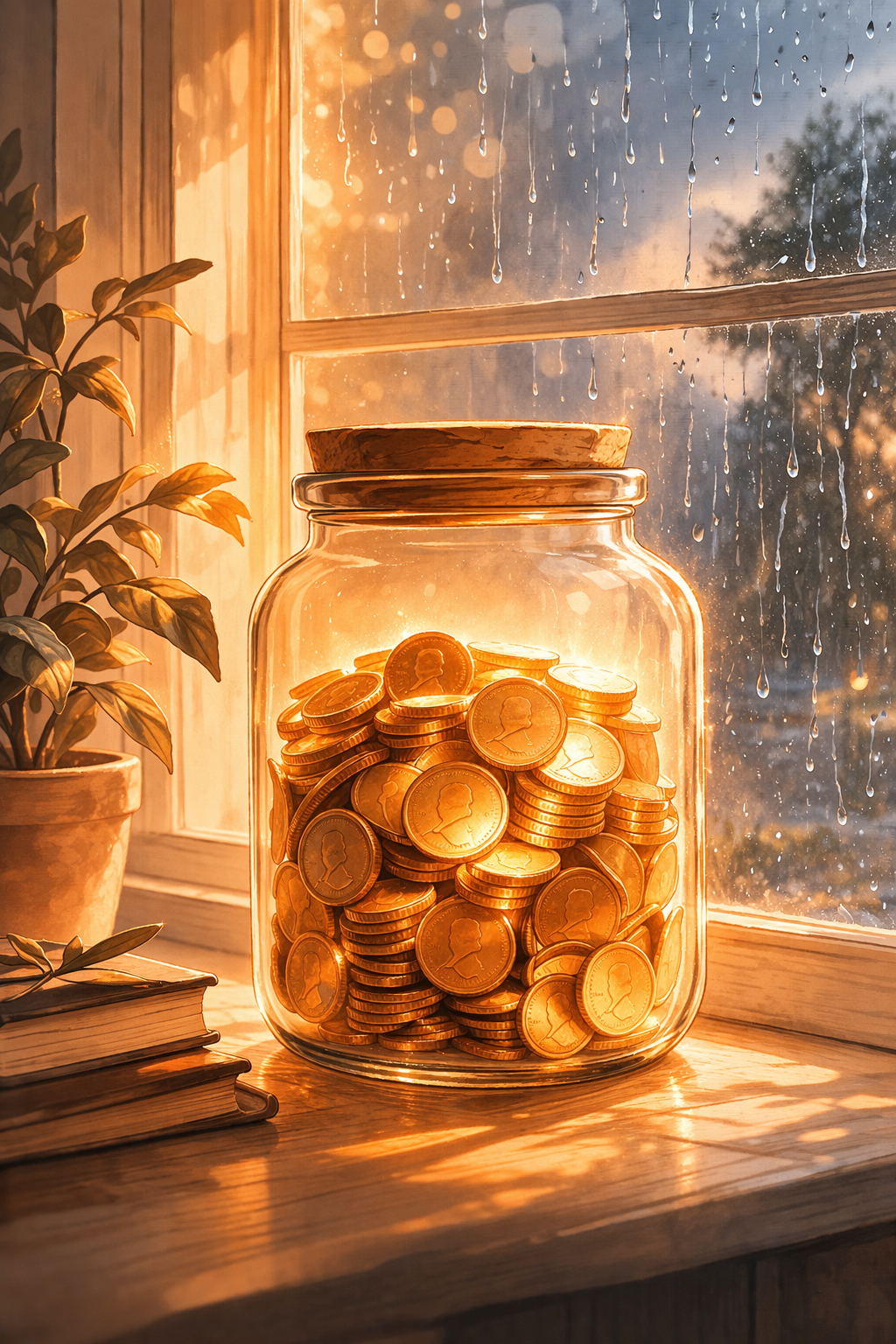 Glass jar of golden coins on a sunlit windowsill with rain visible outside — emergency fund concept illustration