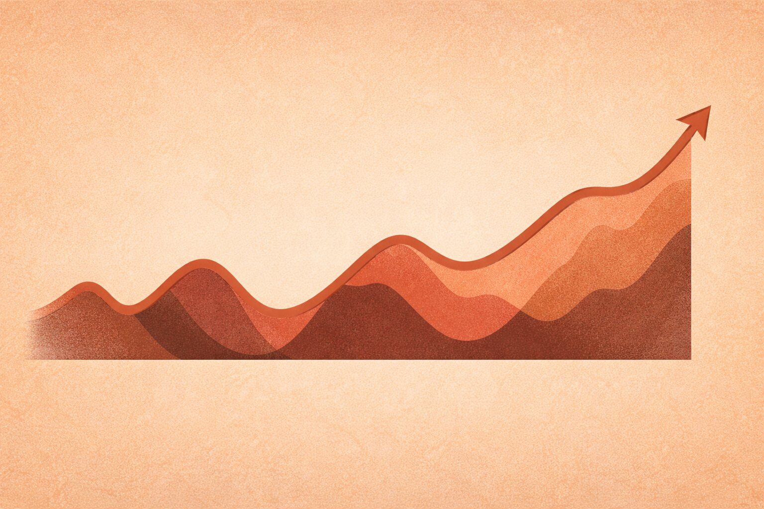 Warm editorial illustration of an abstract mountain range or wave pattern with peaks and valleys trending upward over time, representing stock market crashes and recoveries