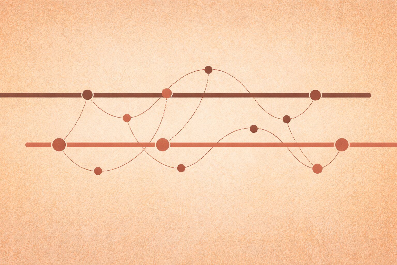 Warm editorial illustration of two parallel timelines connected by dotted lines, representing how parents' financial behaviors transfer to their children across generations