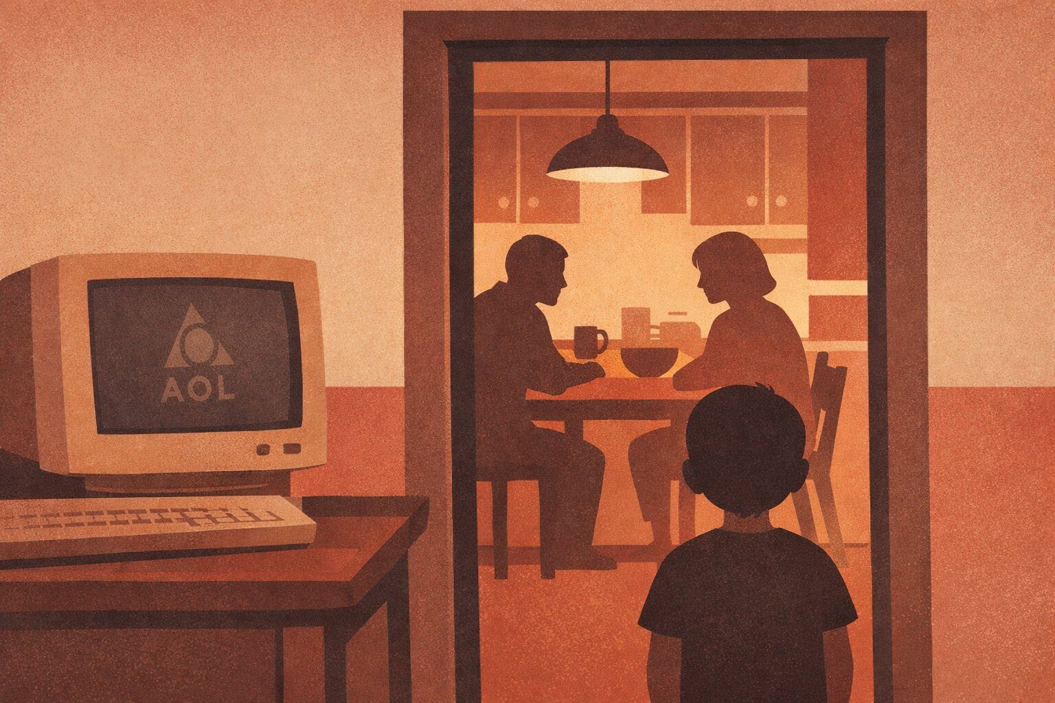 Warm editorial illustration of a 1990s kitchen scene viewed from a child's perspective — two adult silhouettes at a table with a beige CRT computer nearby showing the AOL logo