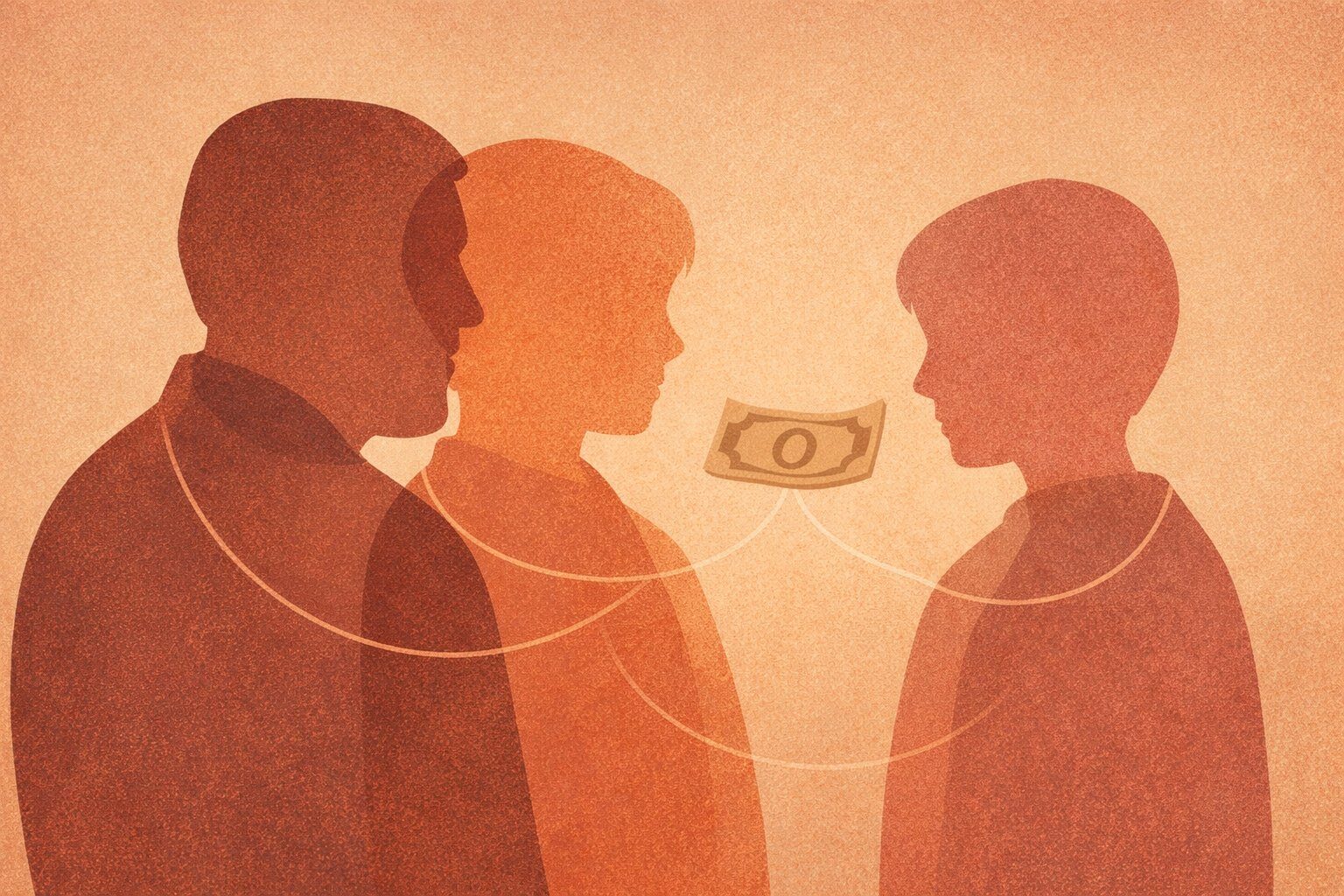 Warm editorial illustration of overlapping silhouettes across three generations, showing how financial beliefs and fears are inherited and passed down through family