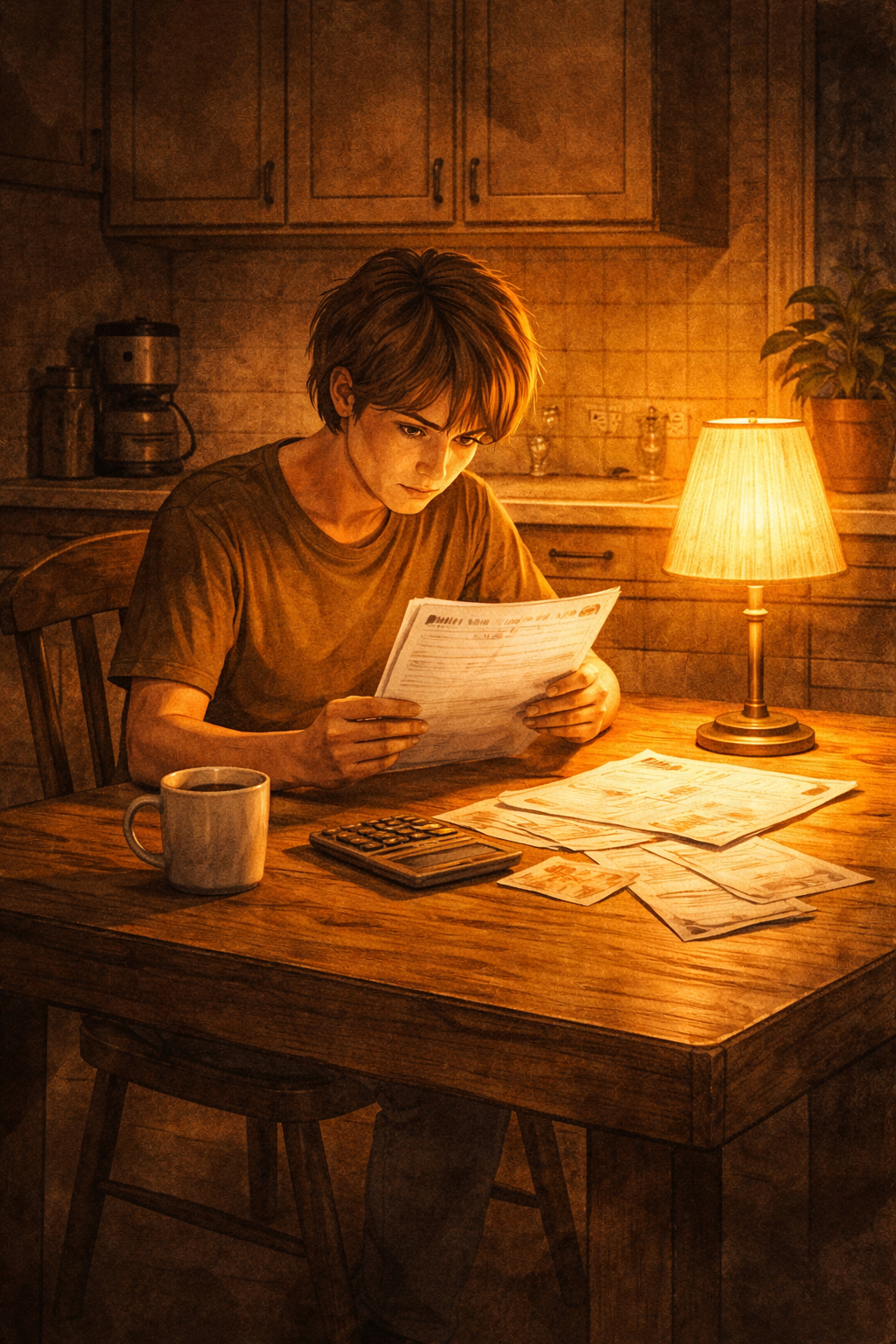 Person sitting at a kitchen table under warm lamplight studying a bank statement — confronting financial reality illustration