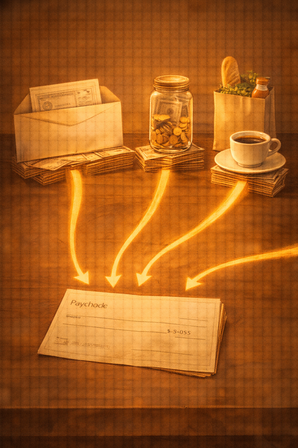 Paycheck on a desk with golden arrows flowing into stacks for bills, savings, needs, and wants — first budget walkthrough illustration