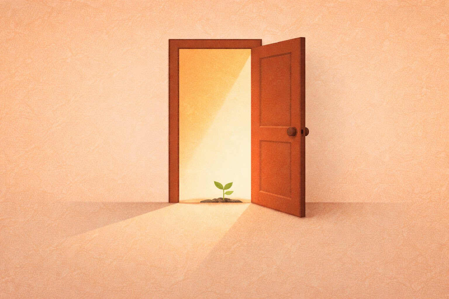 Warm editorial illustration of an open door with warm light spilling out onto a cream floor, with a small seedling at the threshold — representing the first step into investing
