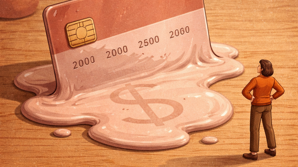 Melting credit card pooling into a dollar sign on a wooden surface with a determined figure standing before it