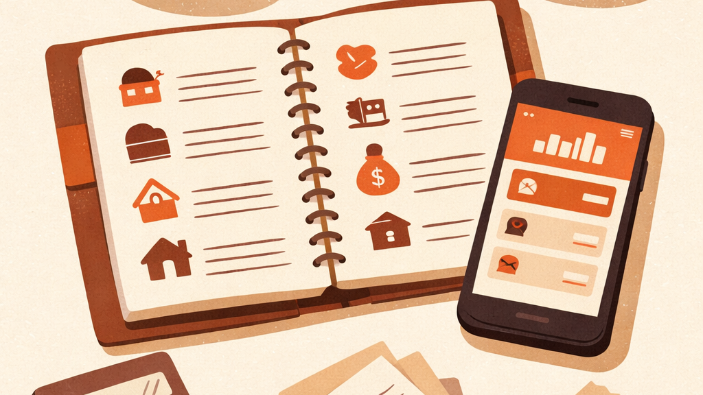 Open budget planner notebook with financial icons alongside a smartphone showing bar charts, in warm terracotta tones