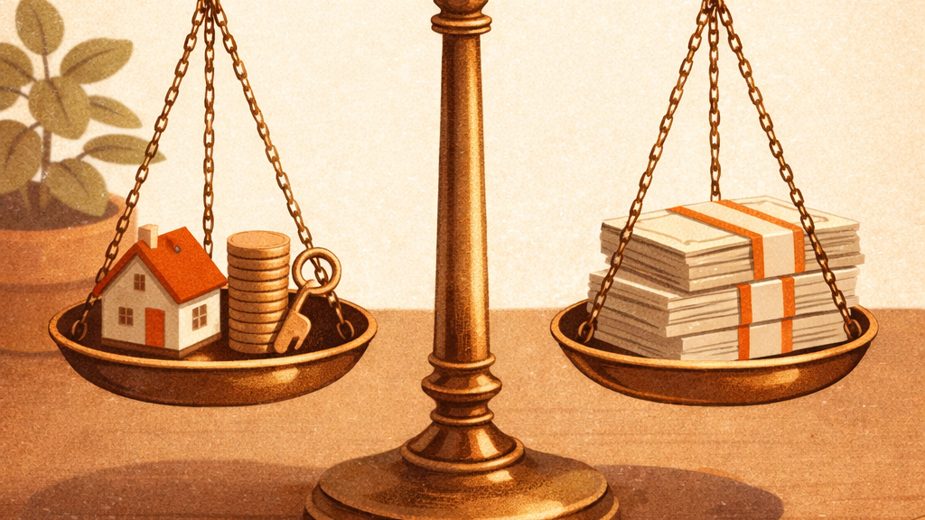 Brass balance scale with a house, gold coins, and a key on one side balanced against stacked cash bundles