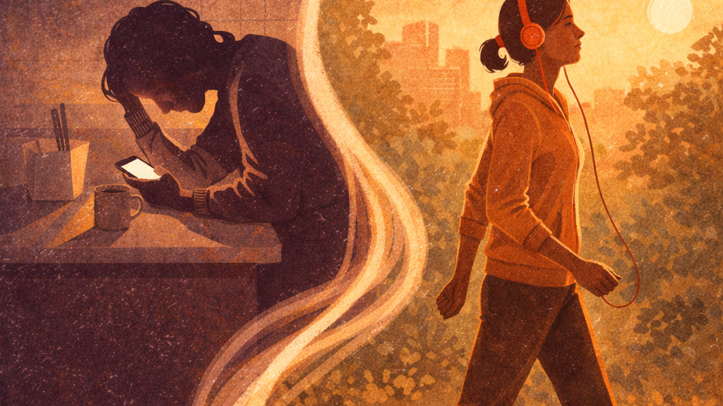 Split scene showing a person at a late-night kitchen table transitioning to walking outdoors at golden hour with headphones